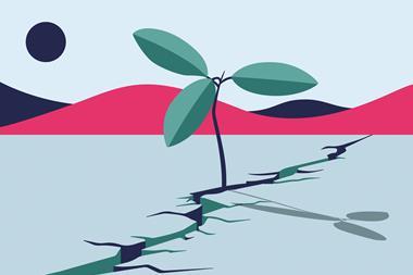 Cartoon of a three-leaved plant shoot growing out of a large crack in the ground. Black and pink hills stretch across the background; a black sun is in the sky