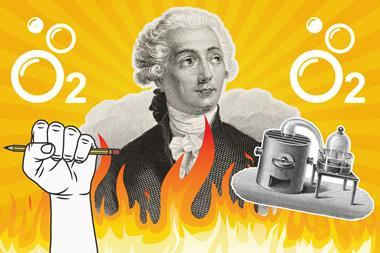 A collage image showing Lavoisier, his oxygen setup and revolution symbols