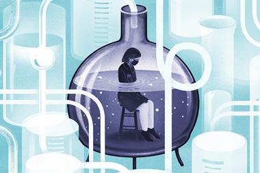 Artwork of a tine grieving scientist alone in some laboratory glassware