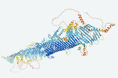 An image of a protein structure appearing as blue and teal coloured helices and swirly patterns