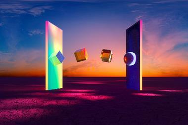 Digital generated image of transformation of shape from cubic to sphere while moving from one portal to another