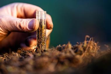 A hand taking a sample of soil