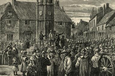 An old Victorian illustration of agricultural workers meeting at a square in an English village