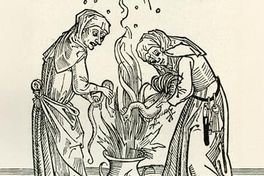 Two witches brewing a spell in a cauldron