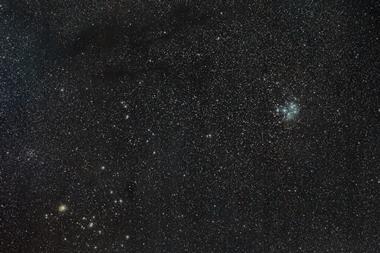 taurus molecular cloud (unlabelled).  This is a widefield image of the Taurus Molecular Cloud and surrounding sky, taken from Charlottesville, VA on January 2, 2018. The molecular cloud is the dark, obscured region in the upper left of the image, where t