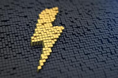 Lightning symbol consisting of yellow square pixels on a black matrix background