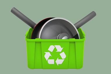 Frying pans in recycling crate