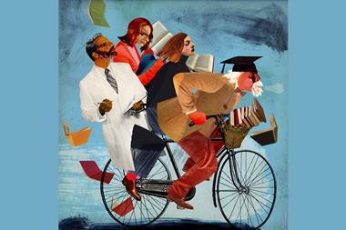 An image showing a university professor riding a bike carrying students and a researcher on the same vehicle