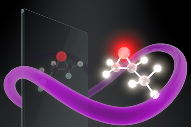 An image showing how synthetic chiral light selectively interacts with one of the two versions of a chiral molecule