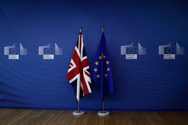 European union flag and flag of the UK at the EU Commission headquarters in Brussels, Belgium on July 19, 2018.