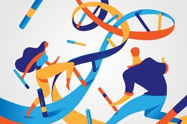 An illustration of two people climbing a giant unraveling DNA strand