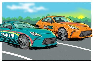 Two racing cars a comicbook style. One is racing for Team LFP and the other is for Team NMC