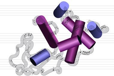 An illustration showing the conversion of the structure of a protein molecule into a musical passage