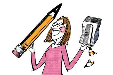 Woman with oversized pencil and sharpener