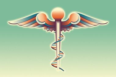 An illustration showing the rod of Asclepius with RNA wrapped around it