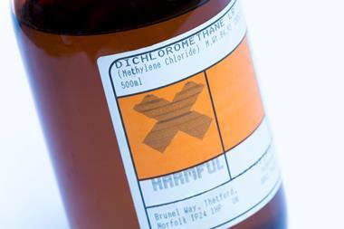 Label on a bottle of dichloromethane