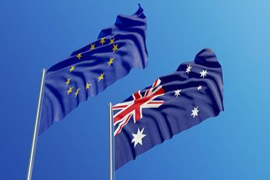 An Australian and an EU flag blowing in the wind
