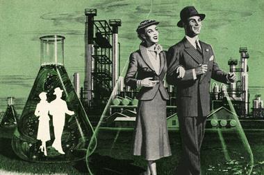 A vintage illustration showing a couple stepping out of chemistry beakers