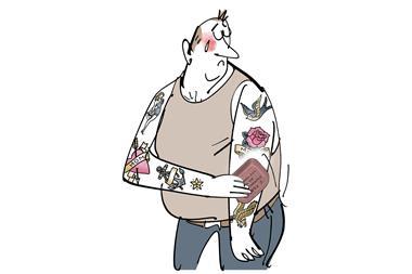 A cartoon illustration of a man removing tattoos