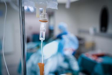 A photo of an IV drip in a hospital