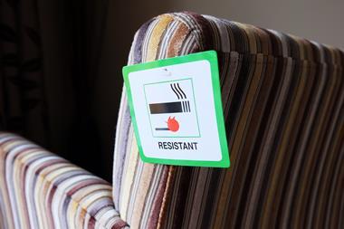 An image showing a flame resistant label attached to furniture