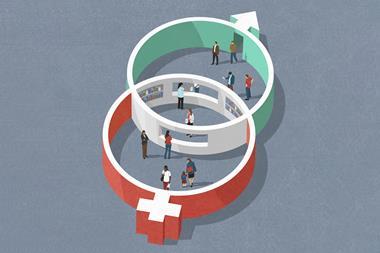 Male and female symbols filled with patients and nurses