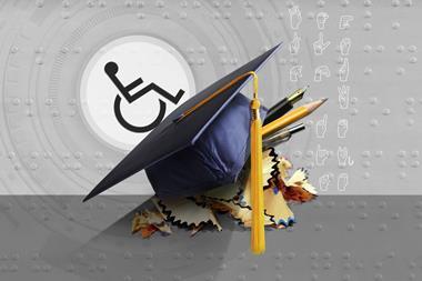 A conceptual image showing the disability icon ascending on a slope formed by a graduation hat; the Braille alphabet and the alphabet in sign language can be seen on the background