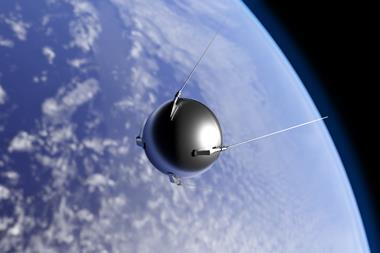 An illustration of the first artificial satellite "Sputnik" launched by the Soviet Union in 1957 orbiting the Earth