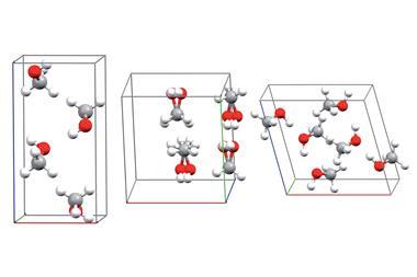 Experimental crystal structures for the a (left), disordered b (middle), and g (right) polymorphs of methanol