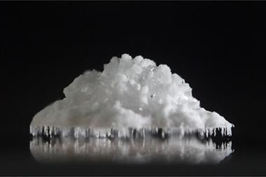 A photo of salt crystals forming above a solution