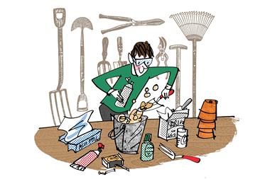 Man placing substance in a bucket, with gardening tools in the background