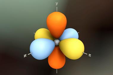 Digital artwork showing red, blue and yellow p orbitals as large blobs with an atomic nucleus shown as small transparent sphere in the centre