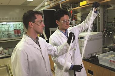 ryan lively and dong yeun koh holding polymer fibers