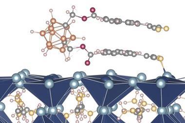 Illustration shows a carborane-based molecule on a PbI2-terminated FAPbI3 perovskite surface