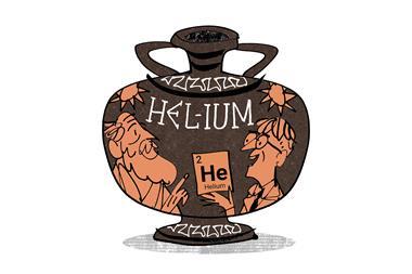 Ancient looking urn with the word Helium on it and a character offering a helium periodic table tile to another character
