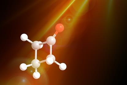 A molecule of cyclobutanone lit by a ray of light
