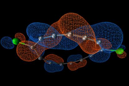 A 3D molecular structure of 13 carbons and two chlorine side groups. It shows how the space filling forces are twisting around each other and the ring.