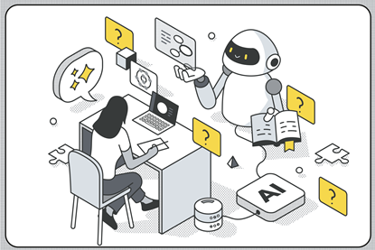 An illustration of a woman working at a desk with a robot symbolising AI helping her with her work.