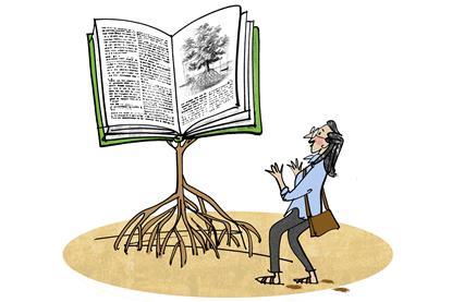 A cartoon of a woman astounded by a large book growing from a mangrove tree