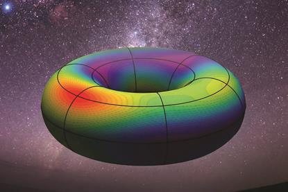 A torus shape with a heat map on its surface including red and blue areas. The background is a night sky.