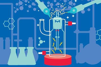 Illustration of an electrosynthesis setup in a lab, showing electricity, chemical reactions, and lab equipment like flasks