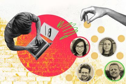 Collage showing man working at a laptop, along with a hand holding money and pictures of four people