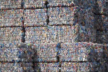 A large volume of bundled plastic waste