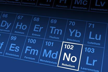 A section of the periodic table with element 102, Nobelium, highlighted