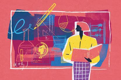 Woman in front of colourful blackboard covered in lots of subjects