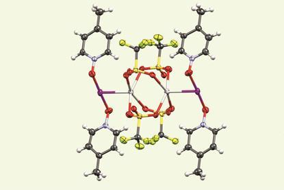 A 3d model of a complex with silver bonded to iodine. The complex also contains carbon, nitrogen, fluorine, sulfur, oxygen and hydrogen.