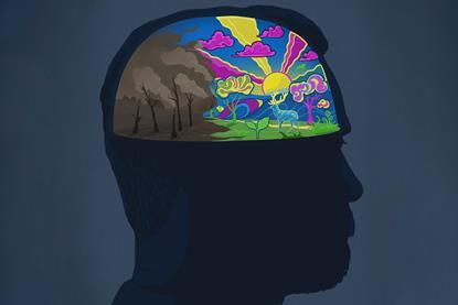 An illustration showing inside a man's head where a dark scary landscape is being replaced by a bright colourful psychedelic one