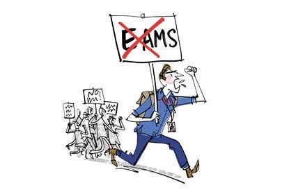 A cartoon showing a man in blue clothing leading a protest. He holds a sign saying exams, where the x of exams is in red and crosses out the rest of the word to show that he is against them