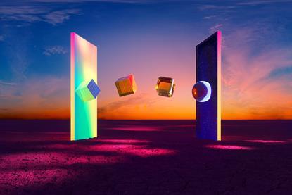 Digital generated image of transformation of shape from cubic to sphere while moving from one portal to another