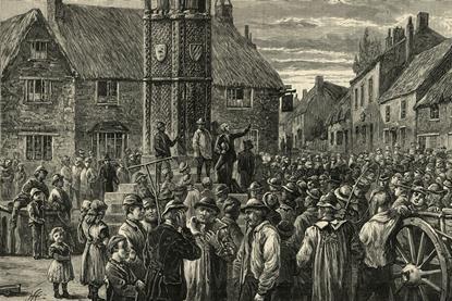 An old Victorian illustration of agricultural workers meeting at a square in an English village